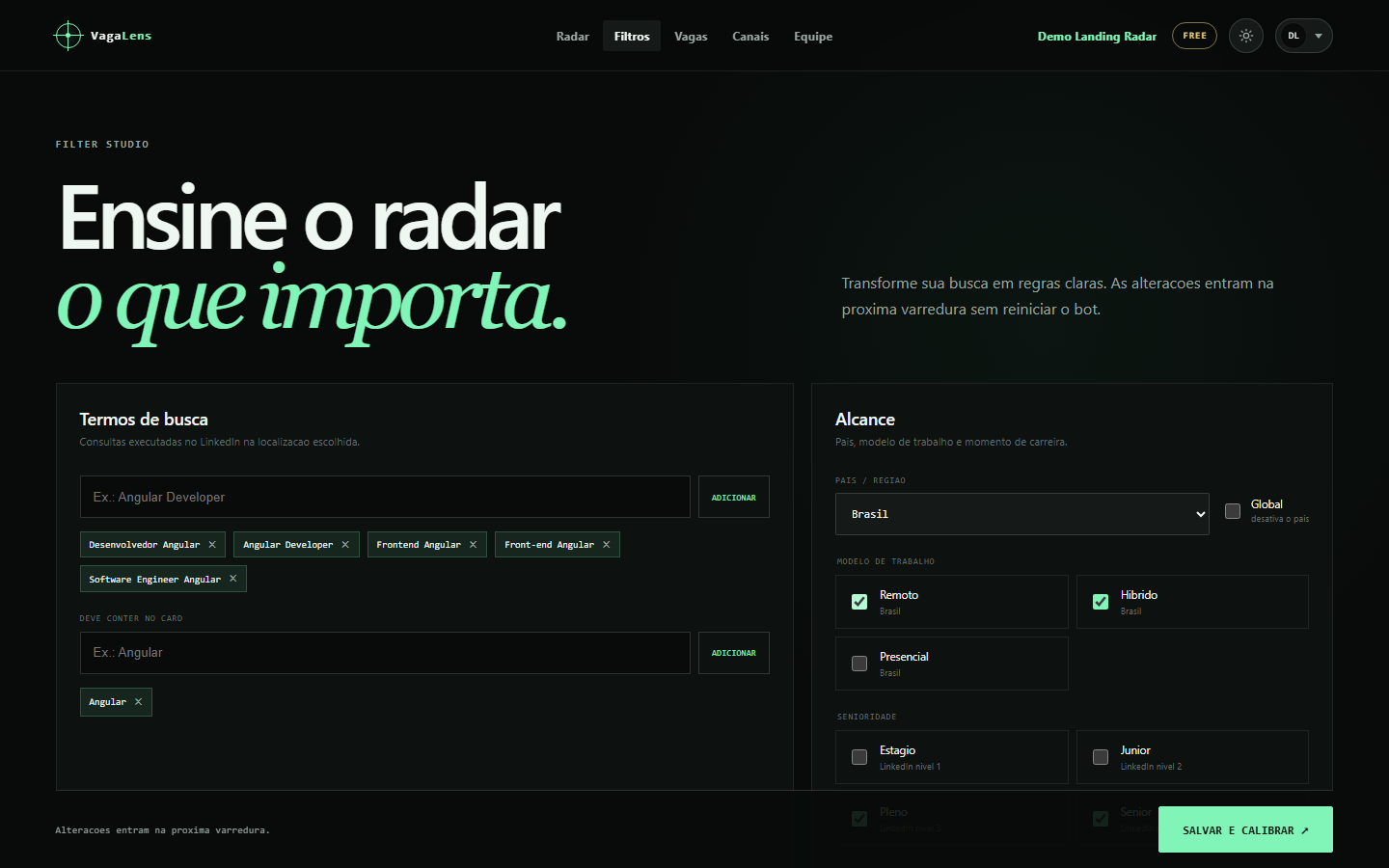 Filter Studio do VagaLens com regras de busca